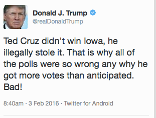 Illustration for article titled Donald Trump Thinks Ted Cruz 'Illegally Stole' His Iowa Caucus Win